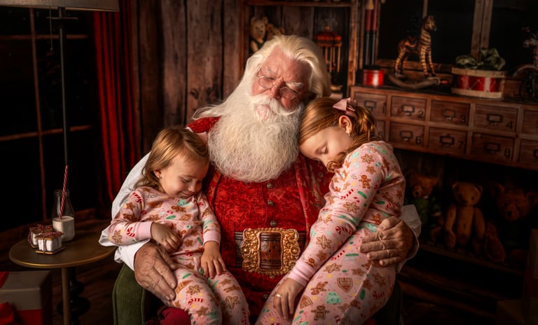 Santa Claus napping in a cozy workshop with two young girls in Christmas pajamas.