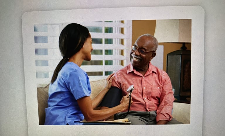 a nurse and a patient in patient's living room during admission