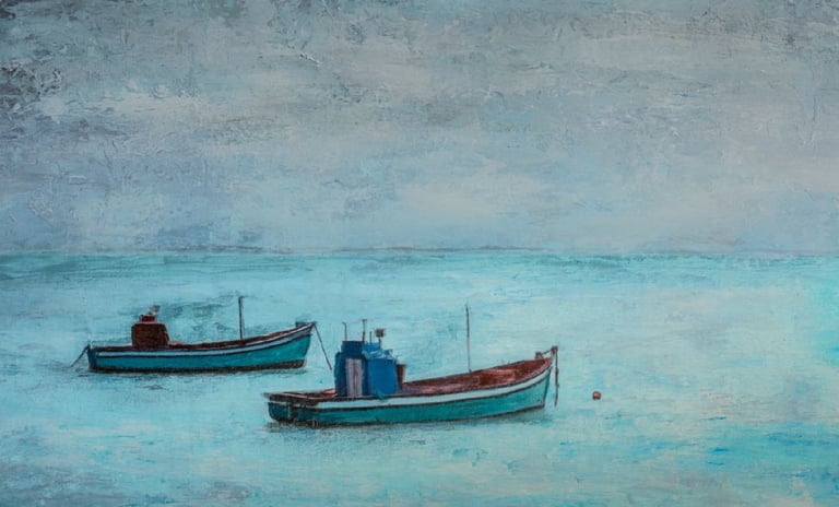 Mixed-media artwork of two fishing boats on textured blue water, created during the Napier art photography retreat.