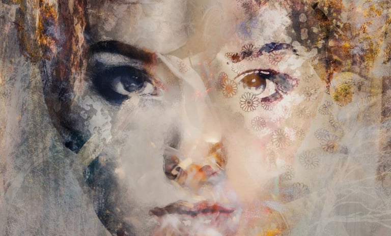 Abstract portrait of a woman layered with textures and patterns, representing fine art photography techniques.