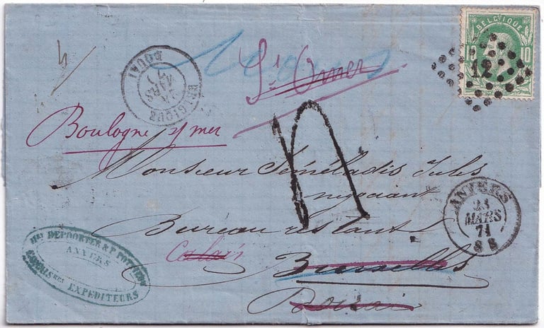 1871, lettre d'ANVERS à BRUXELLES (poste restante) redirigée vers CALAIS, SAINT-OMER, DOUAI