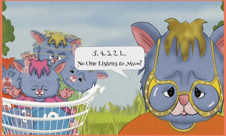 Illustration of an overwhelmed mum  possum with her babies in a clothes baskete Listens to Mum.