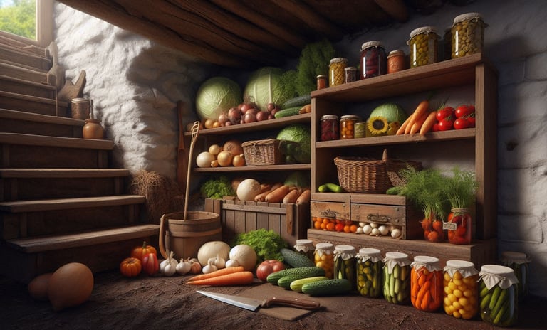 vegetables and canned goods in root cellar