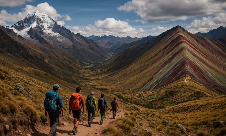 Backpackers hiking along a trail in the Peruvian Andes with Rainbow Mountain and a snow-capped peak in the background under d