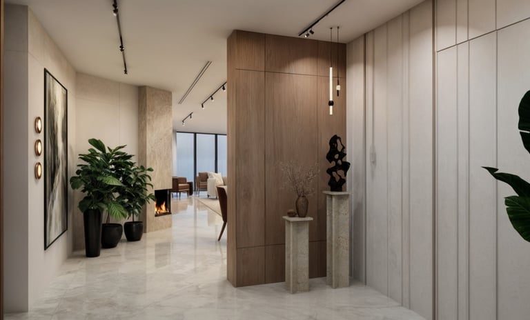 Luxury apartment entrance corridor with wood paneling and marble flooring designed by Moori Interior