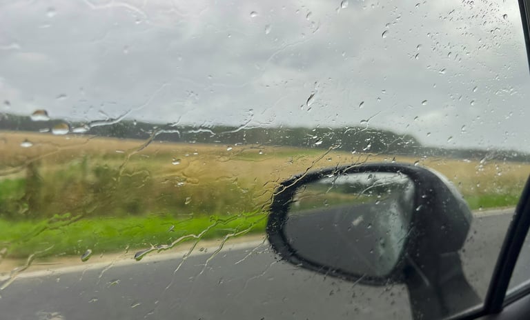 Blik vanuit auto door beslagen zijruit, met regendruppels en bos op achtergrond.