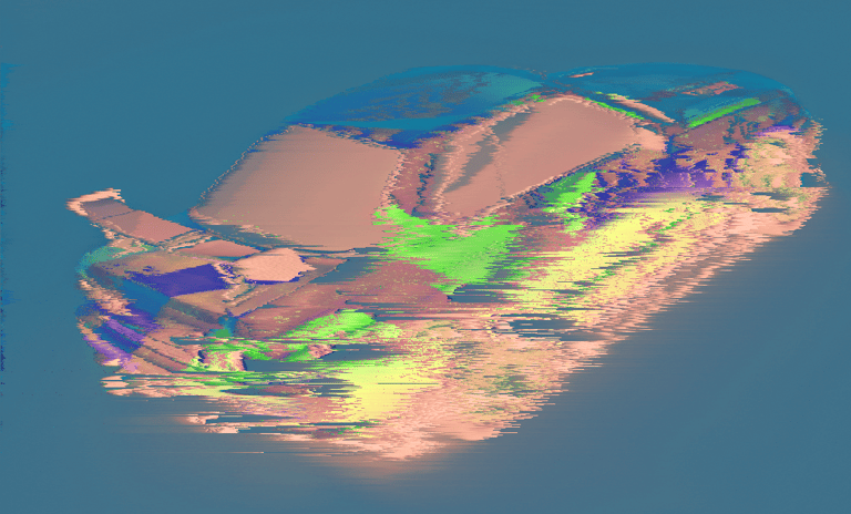 AAA project thumbnail: abstract glitch-art rendering of a vehicle silhouette in distorted teal, oran