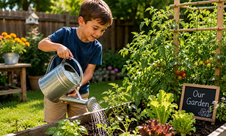 A child using a water can to water the family backyard garden. 