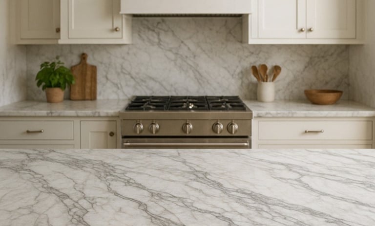 Sleek kitchen with marble counters and backsplash, stainless steel stove, and cream cabinets