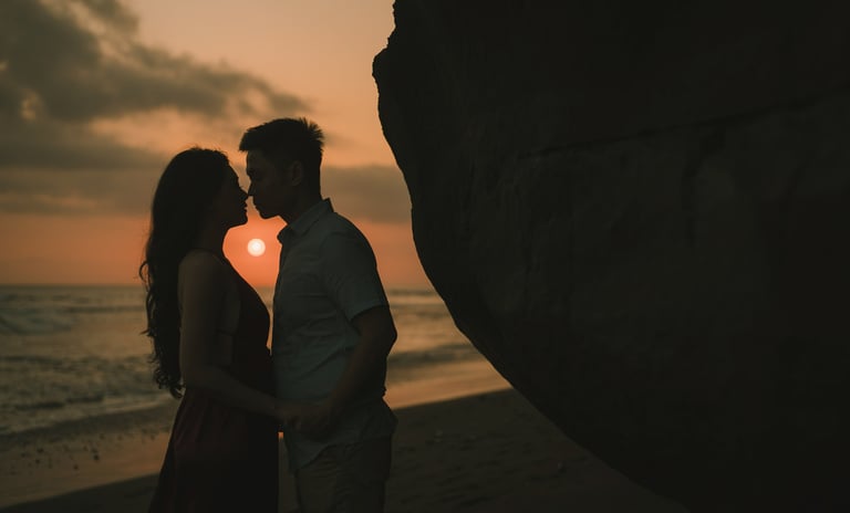 Silhouette of intimate couple kissing during sunset at Pantai Nyanyi Bali.