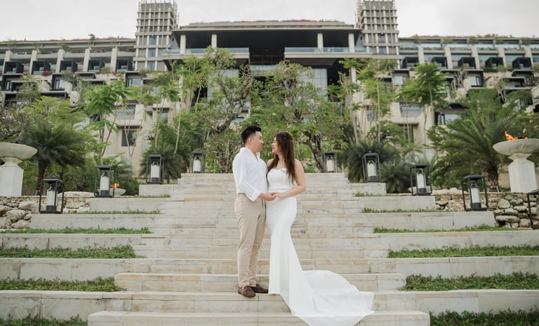 Couple portrait with the iconic architecture of Apurva Kempinski Bali resort during a prewedding photoshoot
