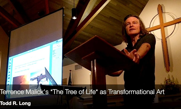 Image of Todd Long talking about Terence Malick's The Tree of Life as transformational art