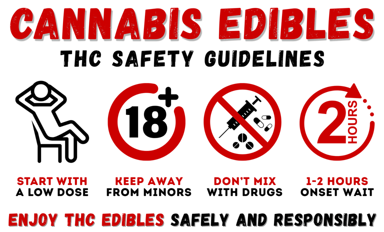 Safety guide for cannabis edibles featuring THC dosage icons and consumption timing advice.