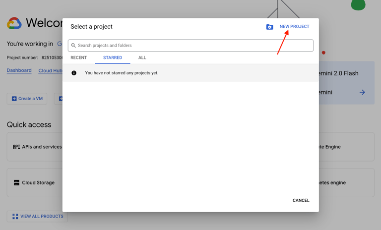 Google Cloud select project popup