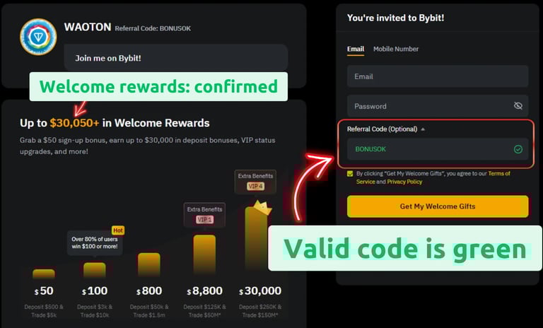 ByBit Welcome Bonus: use valid and active referral code BONUSOK