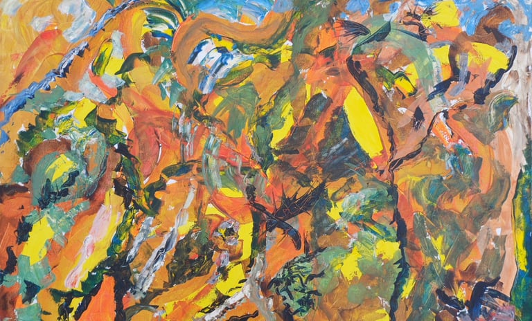 Riot of Spring — fluid blue organic forms on amber ground, large abstract acrylic, by Zanda