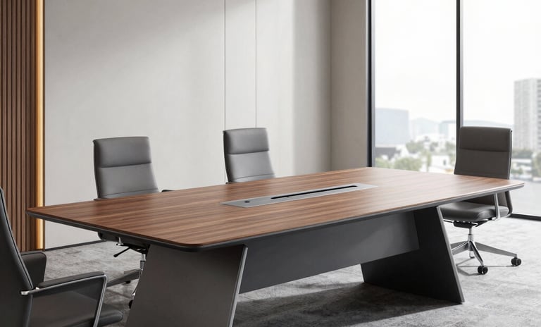 A sleek conference table in a bright, modern office with integrated cable management and ample workspace.