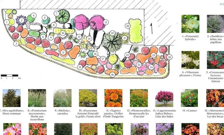 Plan de repartition d'un grand massif fleuri dans les tons rose et orangé avec des arbustes