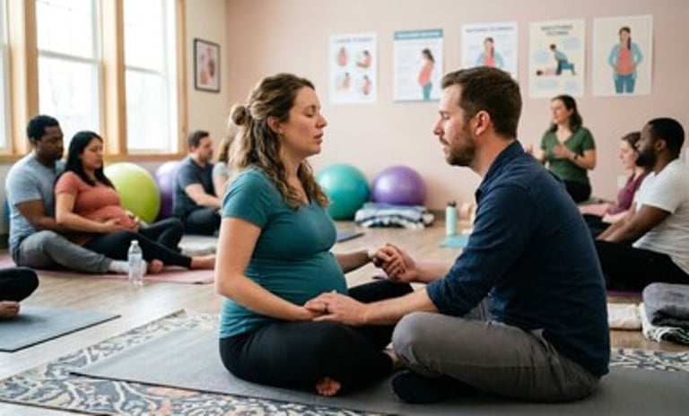 Expectant couples practicing meditation techniques & childbirth education class.