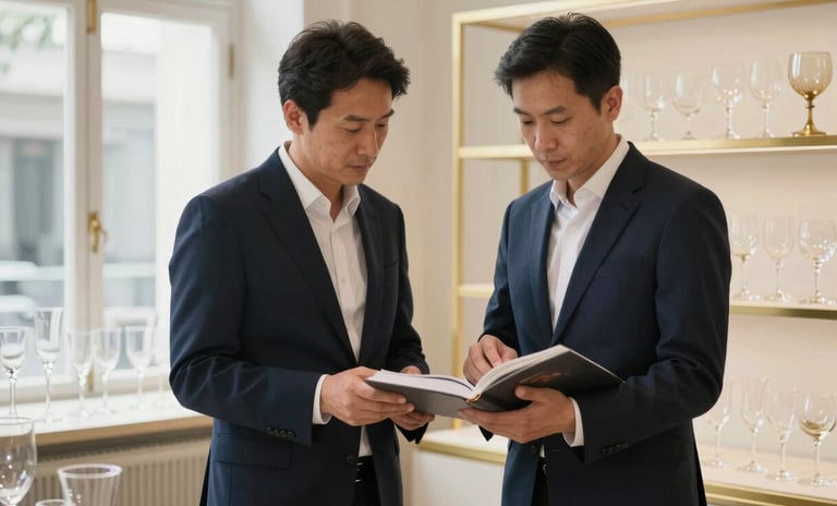 A professional curator in a tailored suit reviewing a catalog of fine glassware in a bright, elegant showroom
