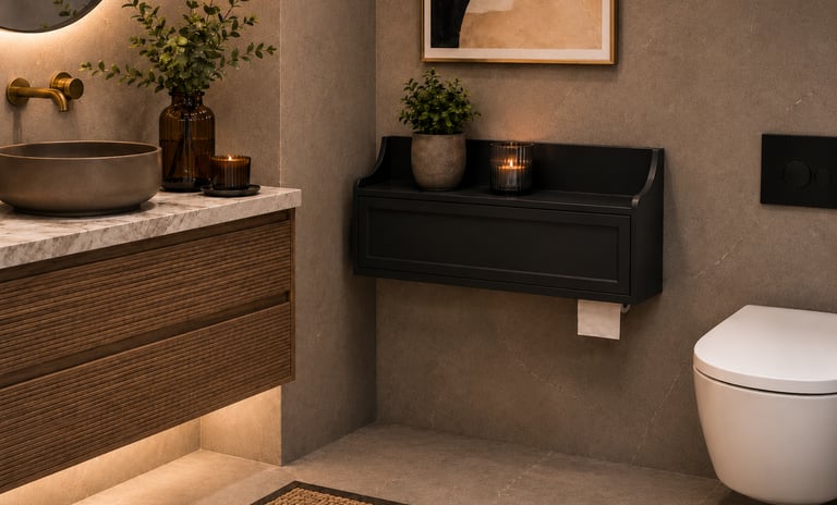wall mounted black toilet paper holder that conceals the toilet paper