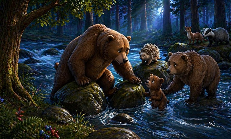 Grizzly bears with a cub, hedgehog, badger, and marten crossing a forest river stream.