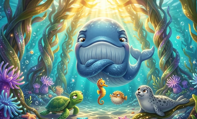 Cute cartoon whale and sea creatures underwater with a turtle, seahorse, and seal in a kelp forest.