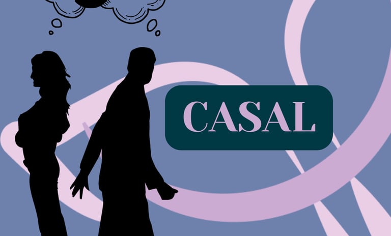 Ilustração de um casal pensando em amor, palavra CASAL em destaque, representando terapia de casais.