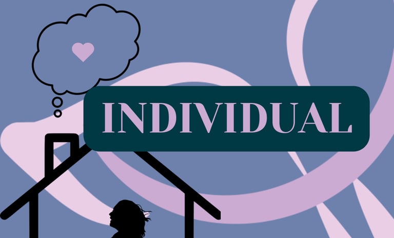 Ilustração de pessoa sozinha dentro de uma casa, pensando em amor, a palavra INDIVIDUAL em destaque