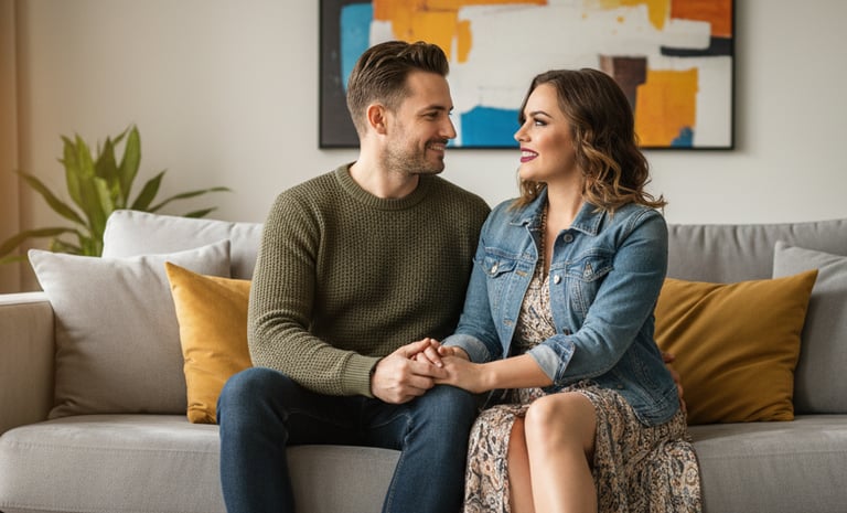 "Una pareja feliz y sonriente sentada en un sofá, mirándose con cariño y tomados de la mano
