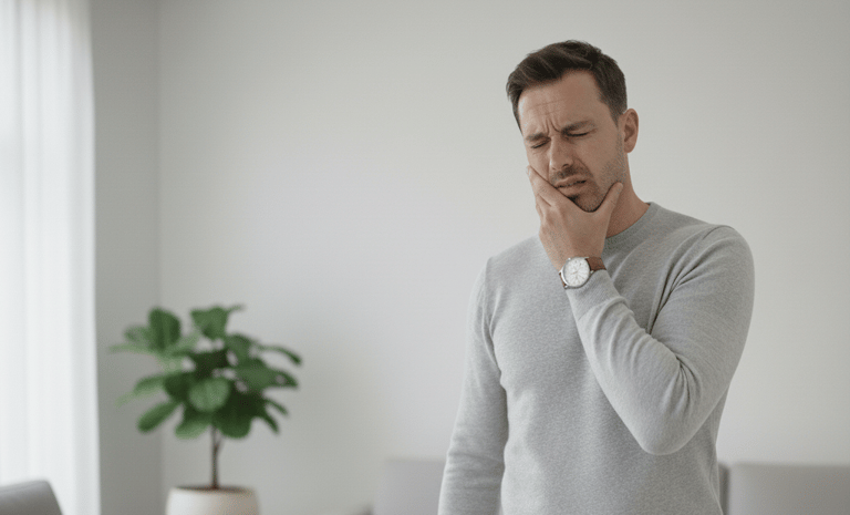 Hombre sufriendo de dolor dental o mandibular, con la mano en la mejilla buscando alivio