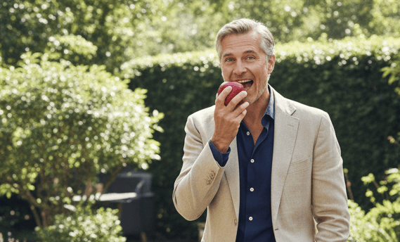 Un hombre sonriente y feliz muerde una manzana roja fresca en un jardín