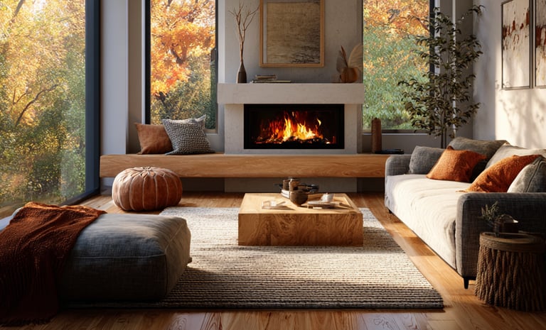 a living room with a fireplace and fall decor
