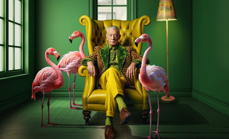 Un homme entouré de 3 flamingos