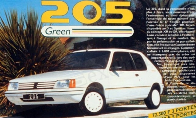 brochure PERFORMANCES Peugeot 205 Green