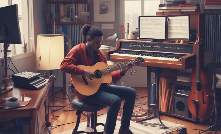 a man playing guitar in a recording studio