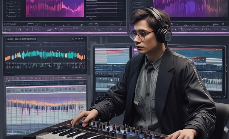 A sleek digital interface showing AI music composition tools with vibrant sound waves.