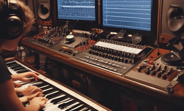 A warm studio scene with a songwriter crafting lyrics on a notepad under soft saffron-gold lighting.