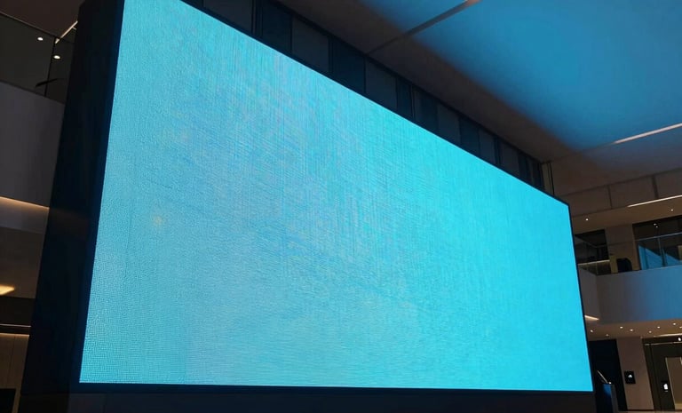 Sleek architectural photography of a massive curved LED display installed in a modern high-end corporate lobby, cool ambient light with sharp cyan screen glow