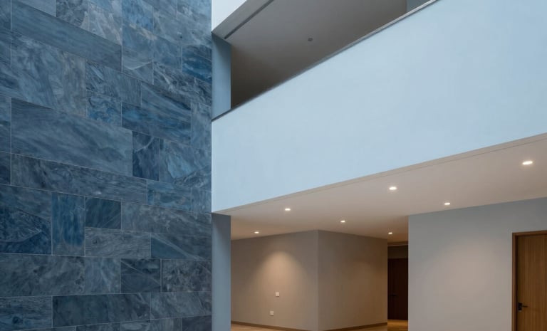 A sophisticated interior renovation in a Mexican corporate building. Professional lighting, modern architectural finishes, and clean lines. The composition shows the transformation of space with slate blue and light blue accents on walls and materials.