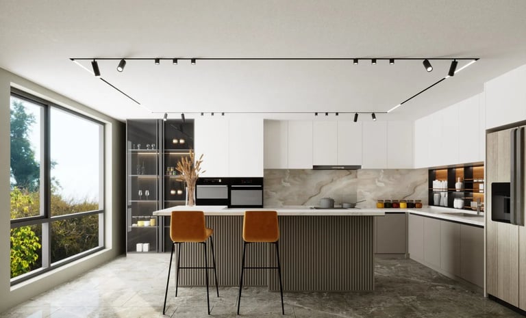 Akustische matte Spanndecke im Wohnzimmer in weiss