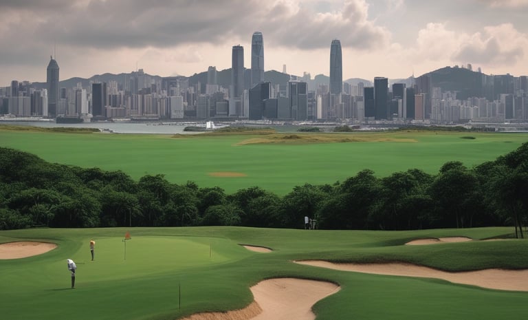 A lush green golf course is set against a backdrop of rugged cliffs under a clear blue sky. Several palm trees and shrubs dot the landscape, adding to the tropical atmosphere. The ocean can be seen in the distance, enhancing the scenic beauty.