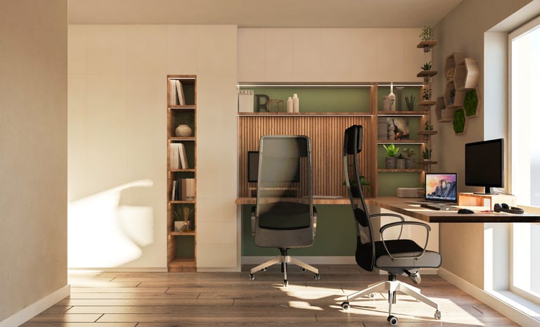 A cozy home office setup showcasing a desk and chair, ideal for focused work and creativity.