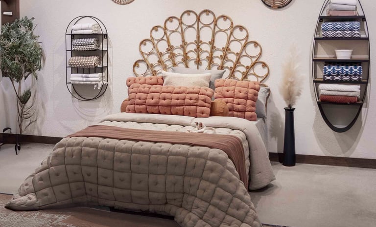 a bed with a large bed and a mirror