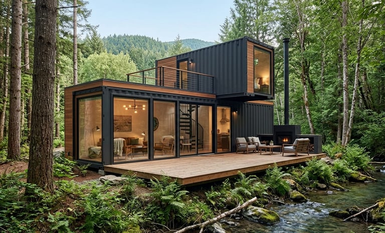 Casa ou chalés integrado à muita natureza.