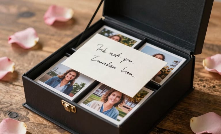 A beautiful high-end lifestyle shot of a premium handcrafted explosion box gift. When opened, it reveals multi-layered, detailed photo slots and sweet handwritten notes. Laid on a rustic wooden table with soft pink rose petals scattered around. Natural warm morning light, rich textures.