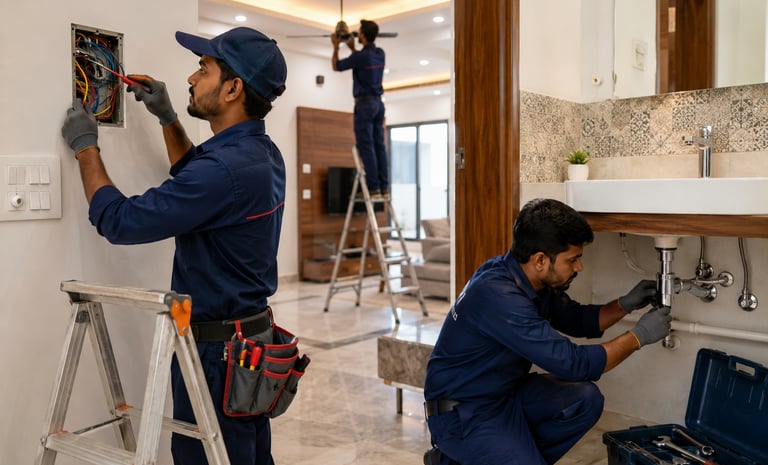 plumbers and electricians working in a house in madurai