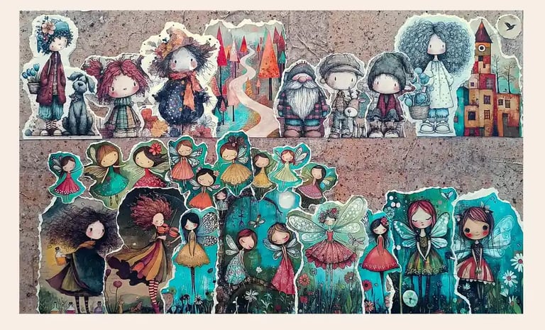 Decorazioni cameretta neonato, grande quadro collage materico con sfilata di gnomo, bimbi e fatine alate. - Guance Rosse