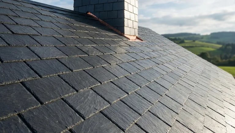 Gros plan sur une couverture neuve en ardoise naturelle posée par DM Rénovation, expert couvreur dans le Finistère