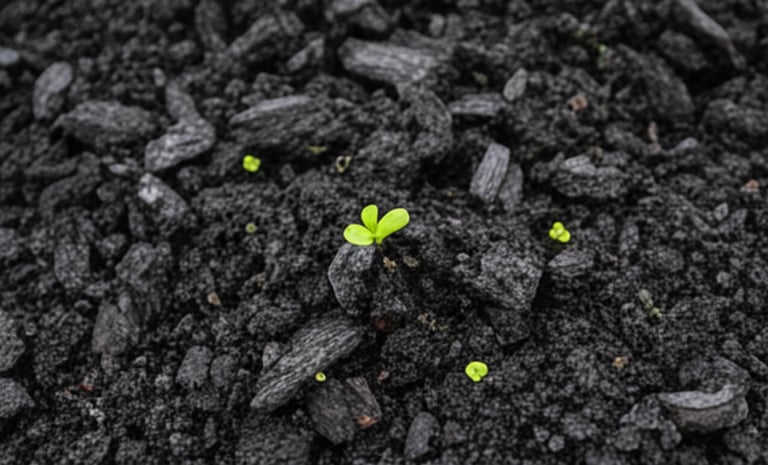 Close-up of dark, rich biochar soil with a small, bright green plant sprout emerging from the center.